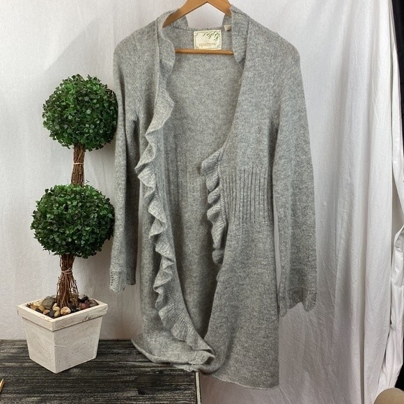Anthropologie Sparrow Gray Knit Ruffle Open Front Cardigan Duster Sweater S - Picture 1 of 6